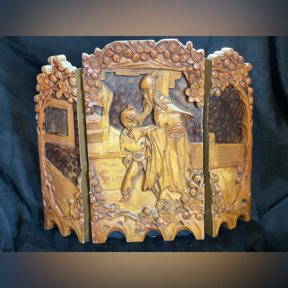 Antique Chinese , carved , wooden table screen , 14 x 12 inches, 1920s
